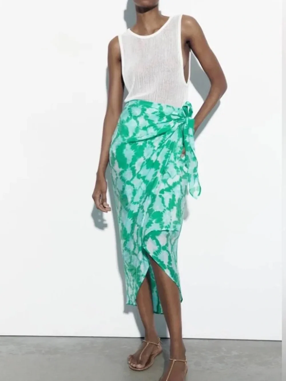 ZARA Knotted Green Turquoise Tie Dye Print Swim Beach Sarong Midi Skirt S NEW